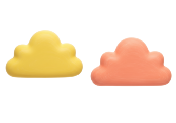 Isolated pair of cartoon cloud-shaped objects one yellow and one salmon color, whimsical design