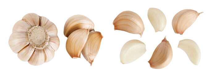 unpeeled whole garlic and cloves isolated on white background close up. Top view. Flat lay.
