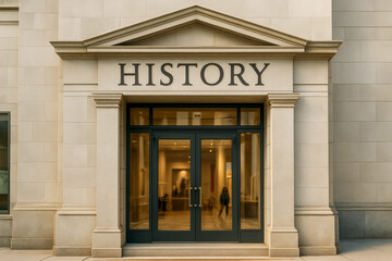 Fototapeta premium Entrance of a modern building with history signage displayed prominently