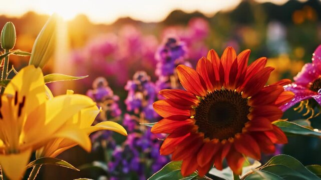 A vibrant sunflower stands proudly next to a blooming yellow lily in a colorful flower field. The sunflower and lily are bathed in warm sunlight, creating a vivid floral scene.