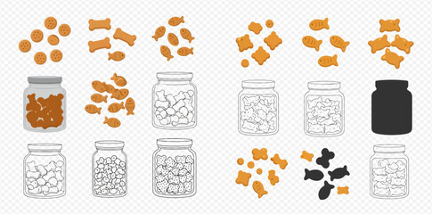Vector illustration of pet treats in various shapes and jars, including bones, fish, and round biscuits. © ArtLuna Studio