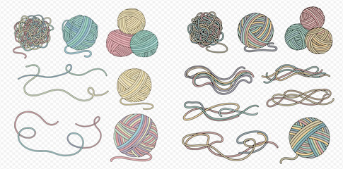 Hand-drawn illustration set of colorful yarn balls, tangled threads, and wavy strings, perfect for knitting, crochet, and craft projects.