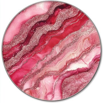 A pink and red alcohol ink painting, a round sticker with a white background, and a thin silver line around the artwork to make it look like a border.