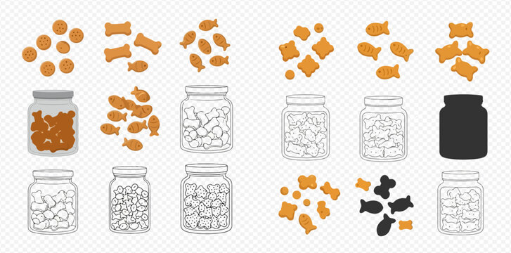 Vector illustration of pet treats in various shapes and jars, including bones, fish, and round biscuits.