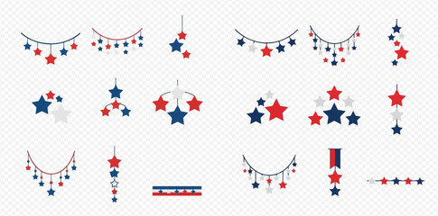 Collection of patriotic star decorations in red, white, and blue, including garlands, hanging ornaments, and star clusters for celebrations.