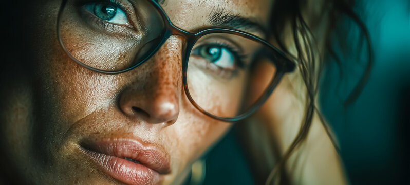 Close-up portrait of young woman with glasses and beautiful freckles