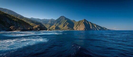 Majestic coastal mountain landscape with calm blue ocean, clear sky, and vibrant daylight, evoking serene and peaceful atmosphere, perfect for nature lovers
