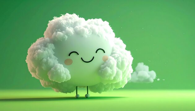 Smiling fluffy cloud with legs on green gradient background emits a puff of cloud; cute and soft concept - Powered by Adobe