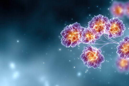 Glowing Biological Wonders: A mesmerizing macro shot of vibrant, luminous cell formations, their delicate structures radiating with internal energy against a backdrop of ethereal blue hues. 