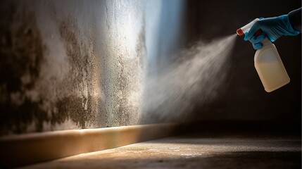 Spray bottle mildew wall cleaning glove low angle perspective severe moisture disinfectant. Cleaning mildew from wall with spray bottle gloved hand and low angle perspective showing severe mold