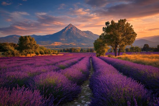Lavender field golden hour majestic landscape mountain sunset vibrant nature summer tranquil countryside. breathtaking lavender field bloom stretches toward distant mountain colorful sunset sky