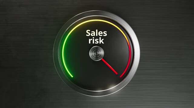 Animated gauge illustrating Sales risk moving from low to high. Suitable for sales performance visuals, business analytics, revenue insights, forecasting content and corporate decision dashboards.
