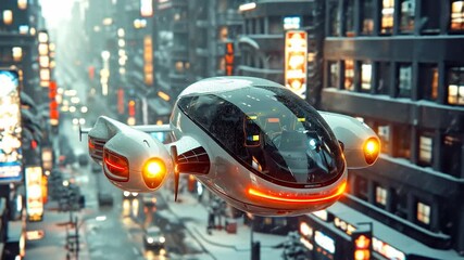 Snowy city with flying car. A flying car glides above a busy, snowy street in a futuristic city filled with neon lights and tall buildings. - Powered by Adobe