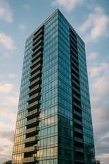 Obraz premium Modern glass skyscraper with balconies under a cloudy sky
