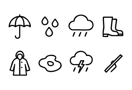 Various weather symbols depict rain, umbrellas, boots, and stormy clouds, illustrating preparation for wet weather activities like walking outdoors.