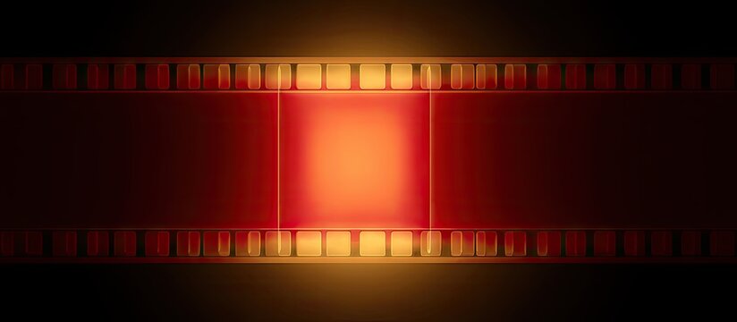 A red film with a white border and a dark background. The light is yellow, the color of which resembles an old movie strip.