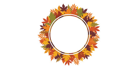 Circular frame of colorful autumn leaves on a white background.