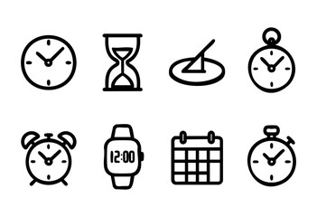 Various clocks and timekeeping devices are displayed in a minimalistic design, showcasing a wall clock, hourglass, sundial, pocket watch, alarm clock, smartwatch, calendar, and stop watch.