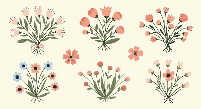 A charming collection of stylized floral illustrations in a light, creamy background.