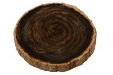 Petrified wood cross-section showing fossilized tree rings and ancient geological formation on transparent background