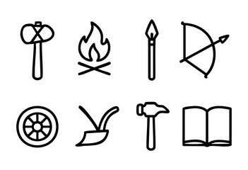 Fototapeta premium This scene displays various tools and symbols related to outdoor skills and craftsmanship, including an axe, campfire, bow and arrow, and more, all in a minimalist line art design.