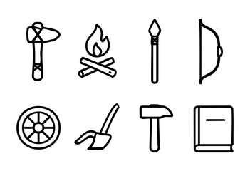 Various tools and symbols are displayed, including an axe, campfire, spear, bow, wheel, hoe, hammer, and a book, highlighting essential skills for outdoor activities and survival.