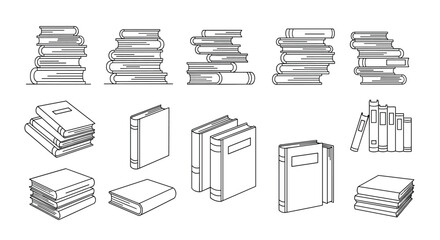 A collection of line drawings illustrating stacks and individual books in various arrangements.