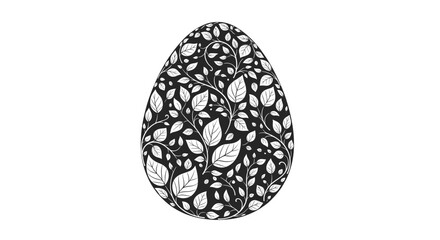 Black and white Easter egg decorated with intricate floral vine patterns.