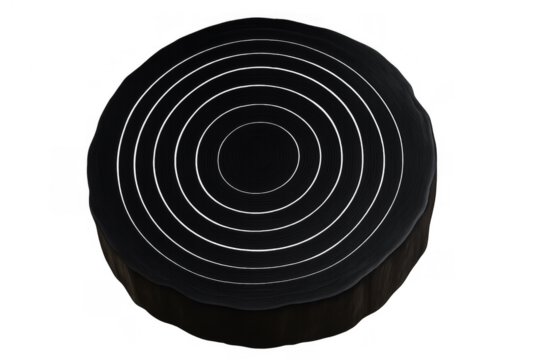Black tree trunk cross section with concentric rings representing growth, age, and natural patterns on transparent background - Powered by Adobe