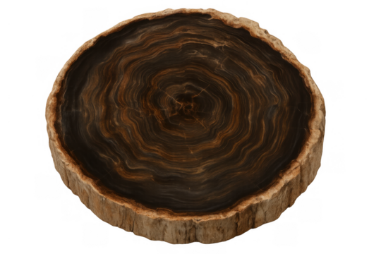 Petrified wood cross-section showing fossilized tree rings and ancient geological formation on transparent background