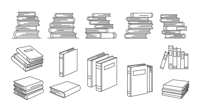 A collection of line drawings illustrating stacks and individual books in various arrangements.