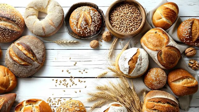Fresh bread on wooden table. A stunning assortment of breads and grains artfully displayed on a rustic wooden table, highlighting their textures.
