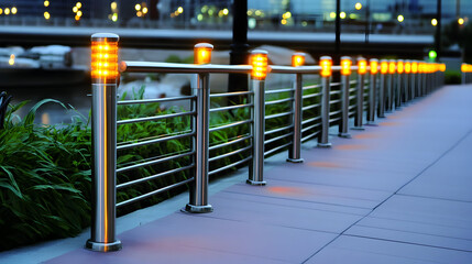 Modern outdoor stair railing with recessed LED strip lighting. Yellow light illuminates glass panels. Transparent rain-wet glass panels make up stair railing. Steel railing bars part of modern