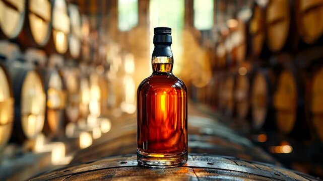 Rich amber whiskey in a distillery. A bottle of amber whiskey stands proudly on a barrel in a dimly lit distillery surrounded by wooden casks.