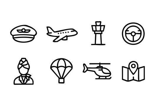 A collection of icons related to aviation and transport including a pilot's cap, airplane, control tower, and helicopter showcasing different aspects of air travel.