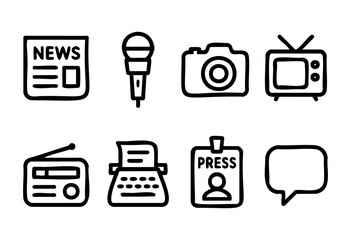 A series of hand-drawn icons show different media tools including a newspaper, microphone, camera, television, radio, typewriter, press pass, and speech bubble, highlighting journalism.