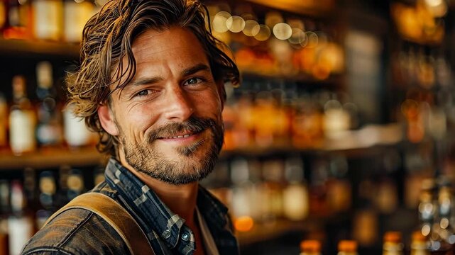 Bartender smiling in a cozy bar setting. A bartender stands in a warm bar filled with various liquor bottles, smiling as he engages with patrons. - Powered by Adobe