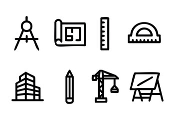 Various architectural tools represent the design and construction process, including a compass, ruler, protractor, and building sketch. These elements highlight planning and engineering.
