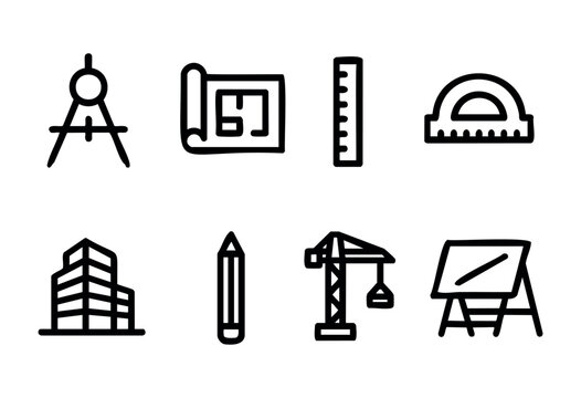 Various architectural tools represent the design and construction process, including a compass, ruler, protractor, and building sketch. These elements highlight planning and engineering.