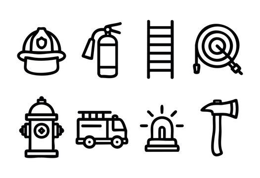 Various firefighting tools are displayed, including a helmet, fire extinguisher, ladder, fire hose, truck, hydrant, alarm, and axe, showcasing essential firefighting gear.