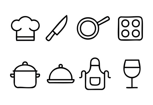 Various kitchen tools are displayed, including a chef's hat, knife, strainer, baking tray, pot, serving dish, apron, and wine glass, showcasing essentials for cooking.