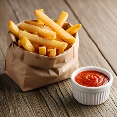 French Fries in Brown Paper Bag with Tomato Sauce on Rustic Table