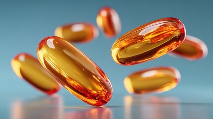 Cápsulas de Gelatina Blanda de Omega 3 Volando en el Aire, Suplemento Vitamínico Dorado sobre Fondo Azul
