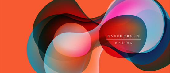 Abstract flowing shapes, vibrant colors, orange backdrop. Modern design element, dynamic composition, smooth gradients present.