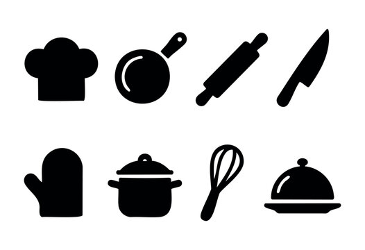 Silhouettes of essential kitchen tools are displayed, including a chef's hat, frying pan, rolling pin, knife, oven mitt, pot, whisk, and cloche, perfect for cooking enthusiasts.