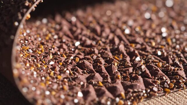 Closeup of a gold panning sluice box with small gold flakes and other minerals showcasing the intricate process of alluvial gold recovery in a mining operation.