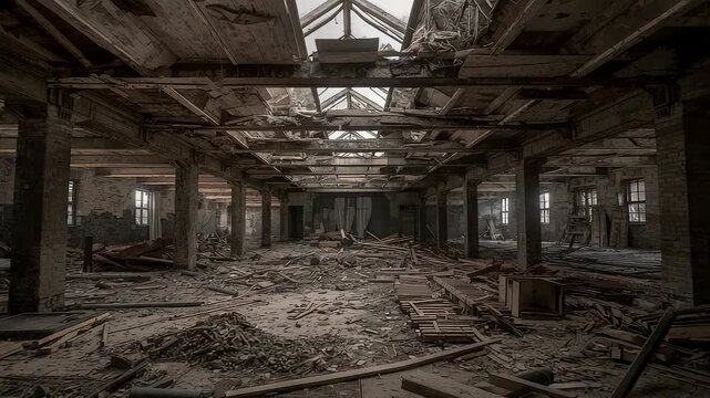 Weathered abandoned industrial hall filled with scattered debris, broken beams, dusty rubble and dramatic natural light from shattered skylights
