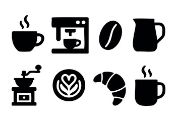 Silhouettes of coffee cups, brewing equipment, coffee beans, a milk pitcher, and croissants depict a lively coffee preparation scene that captures the essence of morning rituals.