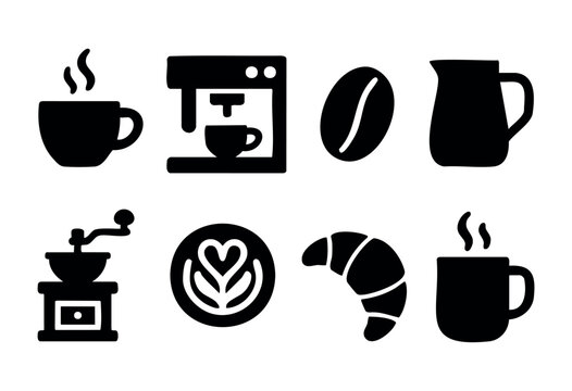 Silhouettes of coffee cups, brewing equipment, coffee beans, a milk pitcher, and croissants depict a lively coffee preparation scene that captures the essence of morning rituals. - Powered by Adobe