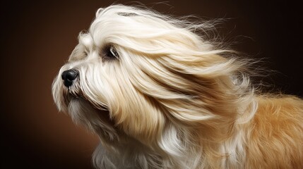 Dog with long, flowing fur, in a studio setting against a dark background, close-up view, copy space.